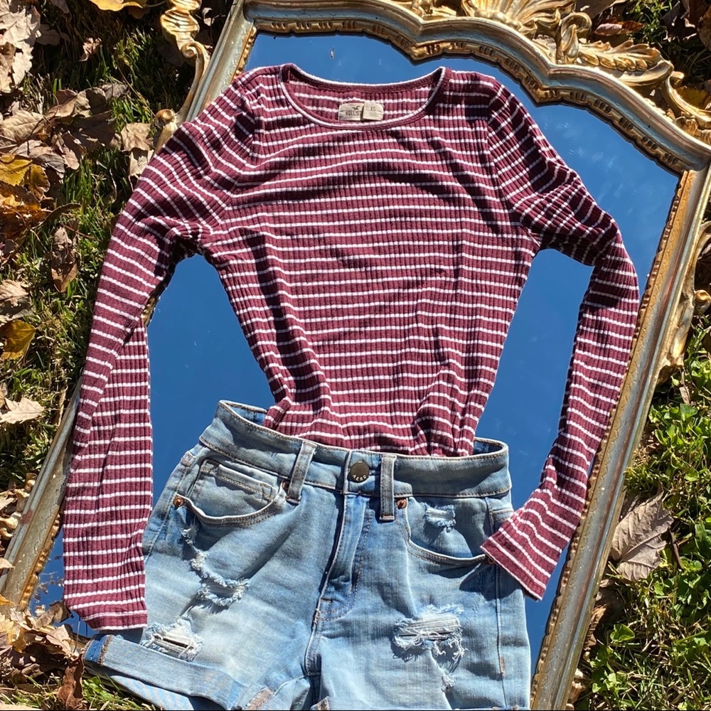 Hollister maroon striped ribbed long sleeve shirt